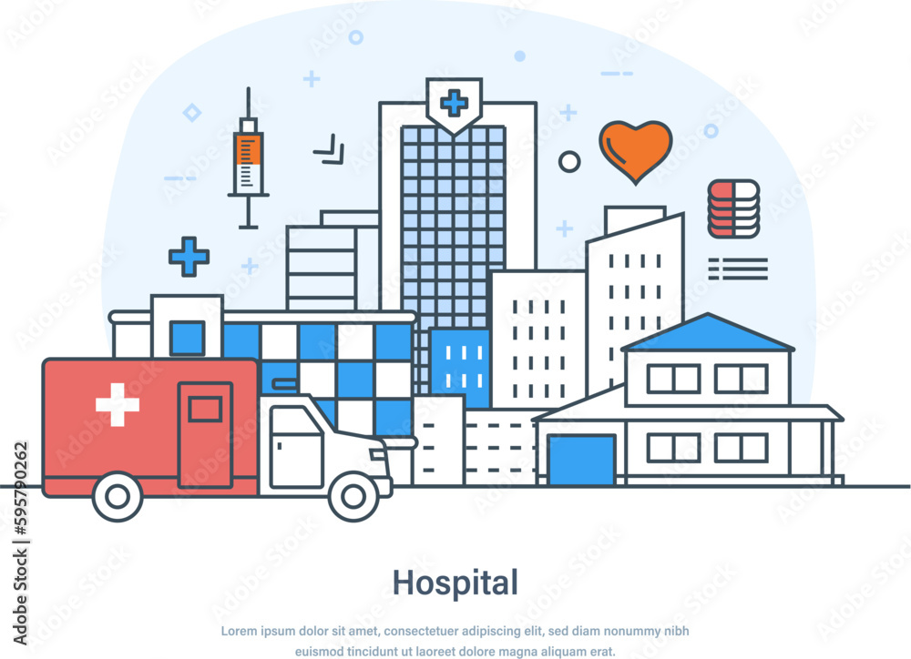 Hospital building and ambulance car on city landscape background. Medical clinic, urban health care infrastructure. Medical care, emergency, rehabilitation thin line design of vector doodles