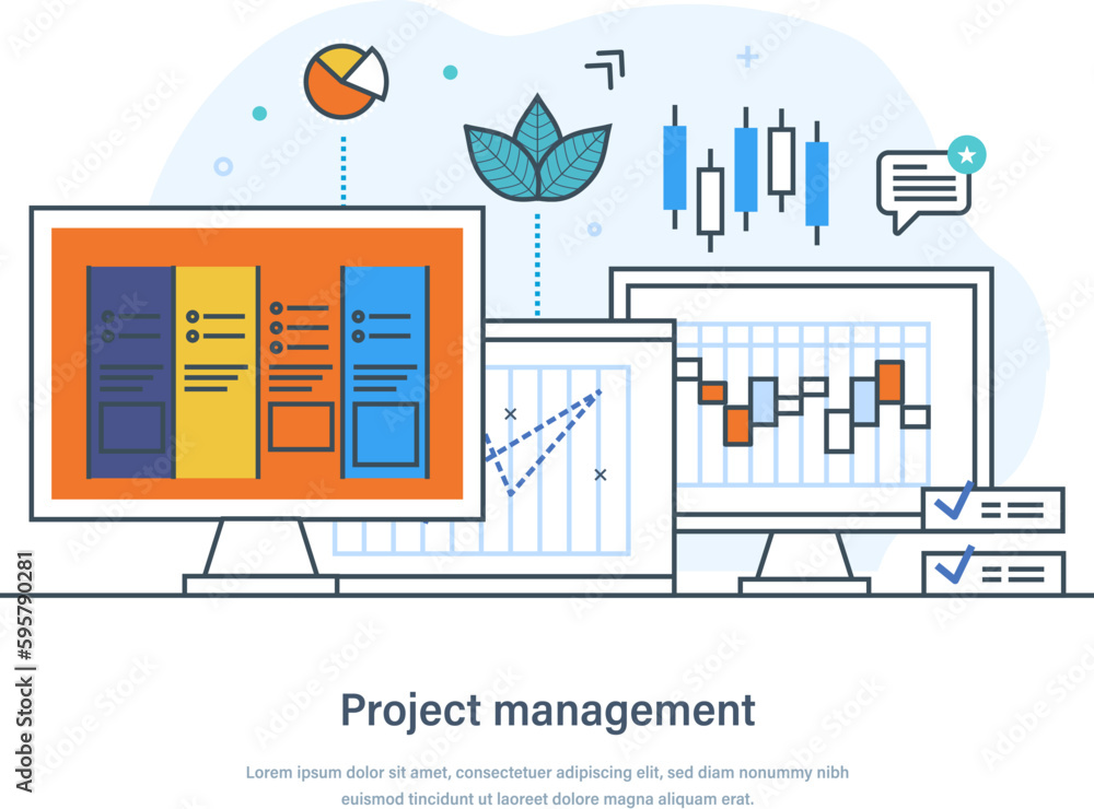 Project management process to achieve all project goals. Defining, planning, organizing, monitoring and controlling of all project aspects to successfully complete thin line design of vector doodles