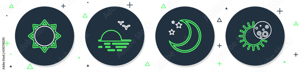 Set line Sunset, Moon and stars, and Eclipse of the sun icon. Vector Set line Sunset, Moon and stars, and Eclipse of the sun icon. Vector