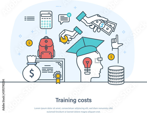 Training costs, investment in education, student loans, college tuition financial fee. Student education investment, financial saving plan, study loan costs thin line design of vector doodles