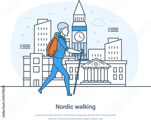 Nordic walking sport low impact sport, physical activity. Nordic walking sports technique with poles or sticks for upper body and cardiovascular training thin line design of vector doodles