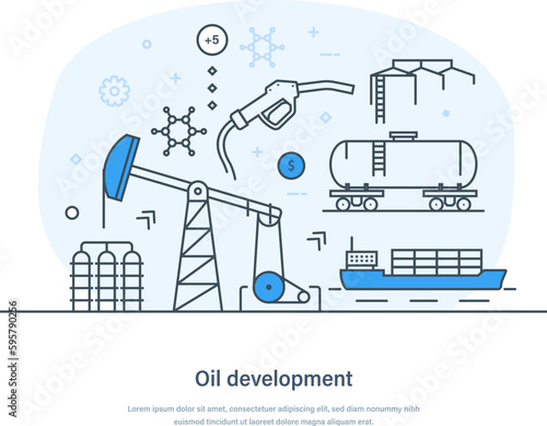 Oil development technological operations for oil, gas exploration and extraction. Industrial complex work including drilling, infrastructure development, production thin line design of vector doodles