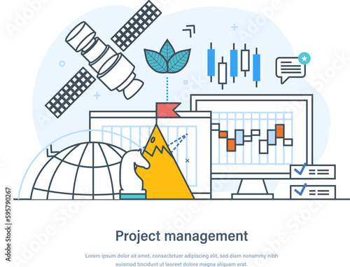 Project management process to achieve all project goals. Defining, planning, organizing, monitoring and controlling of all project aspects to successfully complete thin line design of vector doodles
