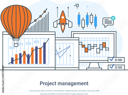 Project management process to achieve all project goals. Defining, planning, organizing, monitoring and controlling of all project aspects to successfully complete thin line design of vector doodles