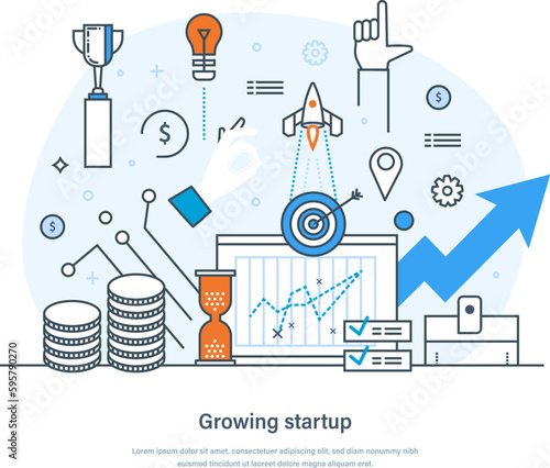 Growing startup, successful business idea and effective strategy concept. Business sales growth, investment, promotion, profit increase and sales analysis thin line design of vector doodles