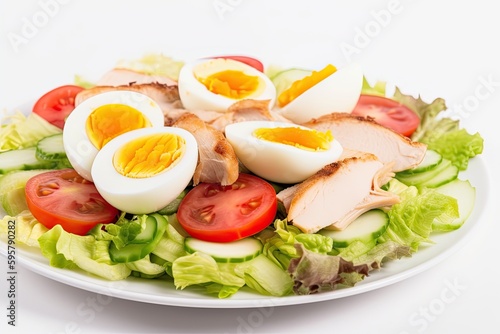 fresh and colorful salad with boiled eggs, tomatoes, lettuce, and cucumbers on a plate. Generative AI