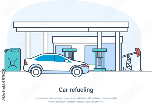 Car refueling with gasoline oil at gas station. Gas, petroleum, diesel fuel filling service station. Oil industry production, processing and transportation thin line design of vector doodles