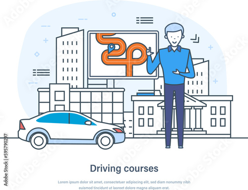Driving courses, auto school, learning to drive concept. Male instructor teaching to drive car on city landscape background. Driver license, driving exam, practice thin line design of vector doodles