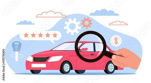 Review and evaluation of condition of car, automobile rating. Hand hold magnifying glass, customers rate with stars. Buying new auto service. Cartoon flat illustration. Vector concept