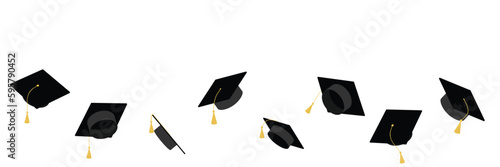 Collection square academic cap. Mortarboard icons, graduate cap in black color with gold tassel. Throwing square academic caps, set. Vector illustration