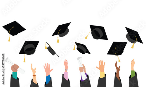 Graduation banner as learning concept. Hands of students university graduates lifting bonets in air holding diploma celebrating graduation vector illustration