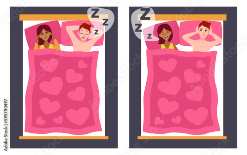 Snoring, insomnia, poor sleep, irritable men and women lying in bed. Sleepless tired suffering character. Family couple bedroom top view. Cartoon flat illustration. Vector concept