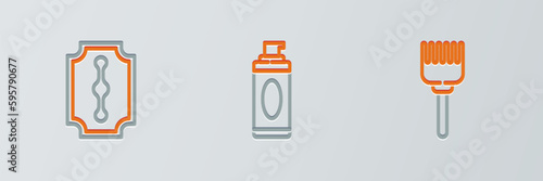Set line Hairbrush, Blade razor and Shaving gel foam icon. Vector