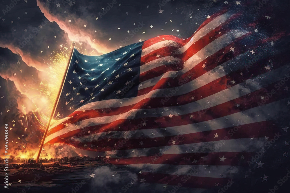 ภาพประกอบสต็อก Illustration of flag usa on fireworks background in