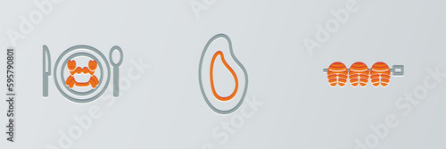 Set line Grilled fish steak, Served crab on plate and Mussel icon. Vector