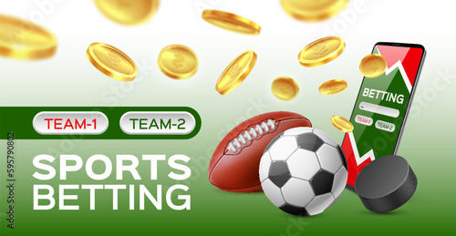 Sport betting poster. Gambling application, realistic soccer and rugby balls, hockey puck, falling gold coins, bookmaker app on smartphone screen. Banner template, utter vector concept