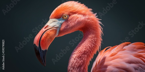 Pink flamingo close up portrait on black background. Closeup profile portrait of a pink flamingo. Generative AI