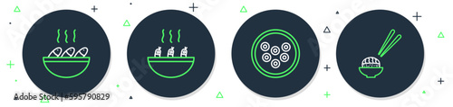 Set line Soup with shrimps, Caviar on a plate, Fish soup and Sushi icon. Vector