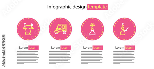 Set line Hookah, Taxi tuk tuk and Cow icon. Vector