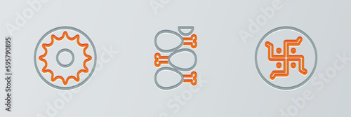 Set line Hindu swastika, Chakra and Tandoori chicken icon. Vector