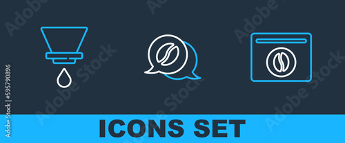 Set line Bag of coffee beans, V60 maker and Coffee and conversation icon. Vector