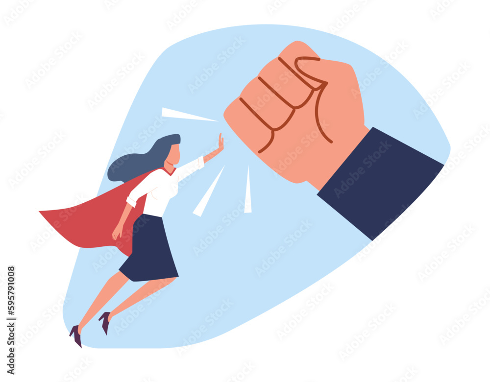 Strong woman stops man fist and protests against domestic violence and abuse of women. Flying hero in flowing cape and suit. Fight for rights. Cartoon flat style isolated vector concept
