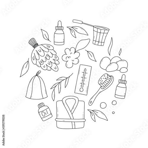 Set of bath elements in doodle style. vector illustration. Bath linear collection. Sauna poster.