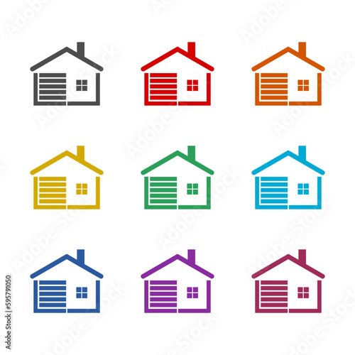  House with car garage logo icon isolated on white background. Set icons colorful