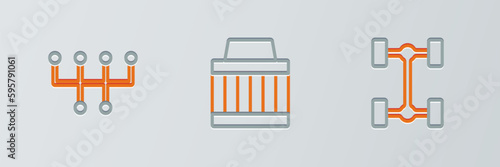 Set line Chassis car, Gear shifter and Car air filter icon. Vector