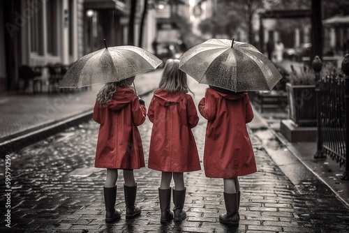 Red Rain Macs Stand Out in Black and White Photo of Three Young Girls Generative AI