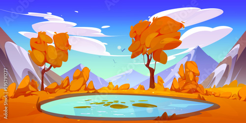 Autumn mountain landscape illustration with lake cartoon vector illustration. Beautiful and wild fall nature scenery environment for expedition trip in Canada. Sunny concept with calm pond water.