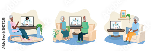 The doctor consults an elderly patient via online video communication. The doctor writes a prescription and prescribes treatment online. Healthcare online. Vector illustration set.