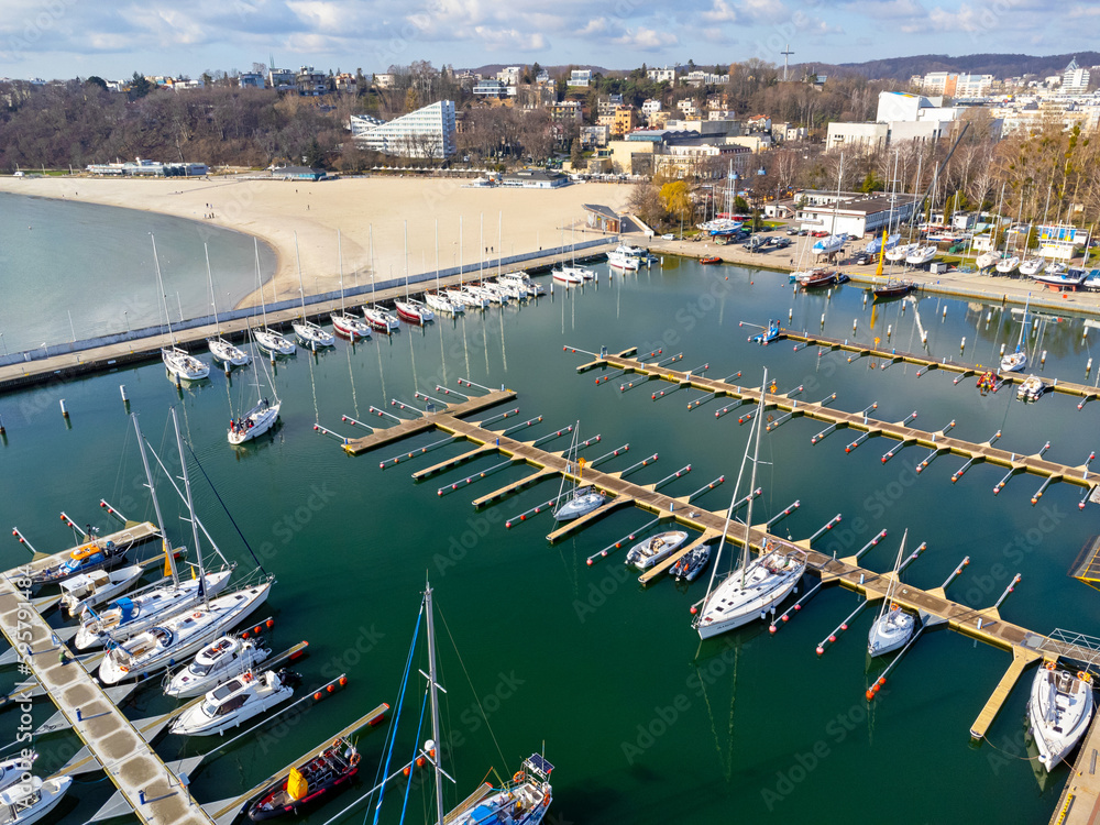 Aerial view landscape Poland Gdynia. Port with sailing boats , marina, view of beach and sea. Photo from a drone.