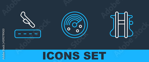 Set line Parachute, Plane landing and Radar with targets on monitor icon. Vector
