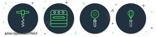 Set line Oven, Spatula, Wine corkscrew and Kitchen whisk icon. Vector