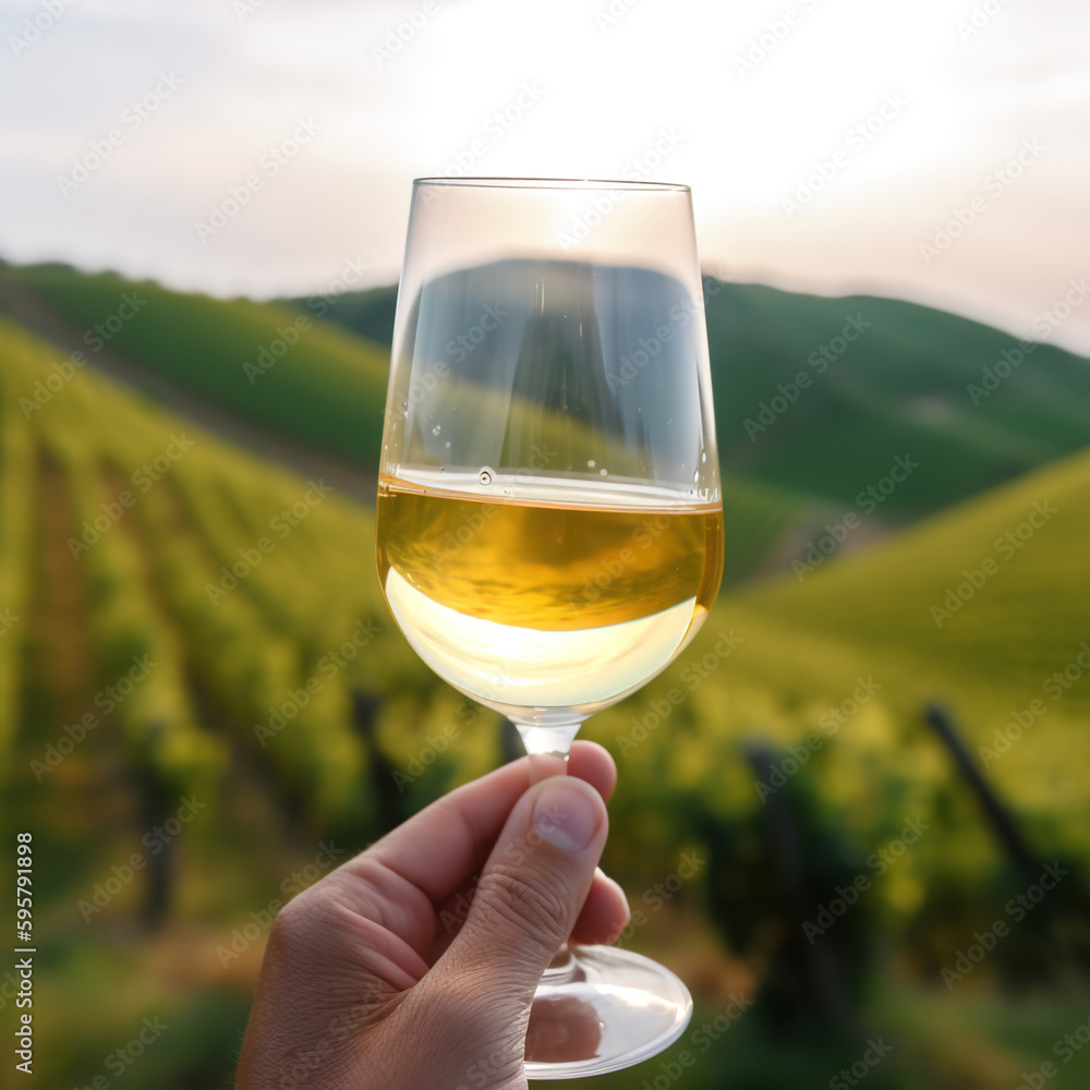 Woman's hand holding a glass of white wine, with vineyard in the background. generate by ai