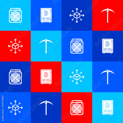 Set ASIC Miner, Proof of stake, Distribution and Pickaxe icon. Vector
