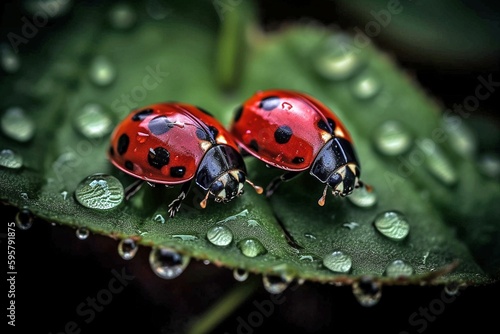 Ladybugs on Leaf  Rainy Day Friends  Nature s Beauty  Captivating Moments  Generative AI