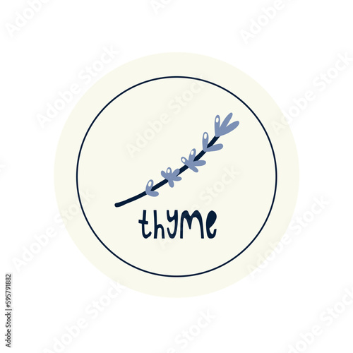 Hand Drawn circle illustrated label spice herb thyme. Flat vector nature botanical graphic design packaging sticker