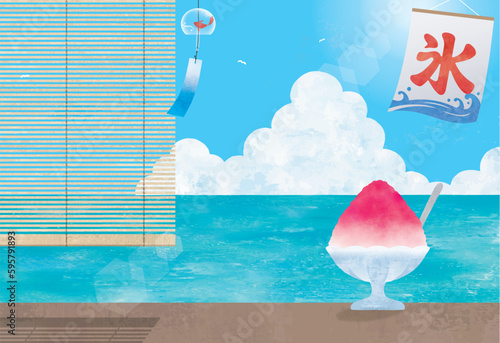 夏の海の風景とかき氷とすだれ水彩画