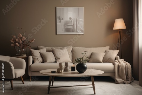 A beige minimalistic living room with a cozy couch  armchair  lamp  and coffee table adorned with a vase. Generative AI