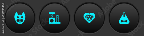 Set Cat, scratching post, Heart with dog and Dog collar icon. Vector