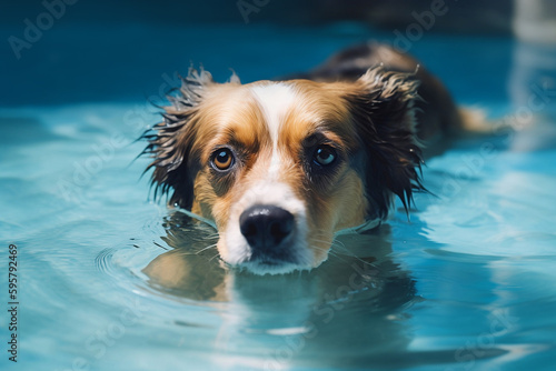 Dog in water in swimming pool. Generative AI illustration