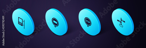 Set Isometric Road traffic sign, Stop, and icon. Vector