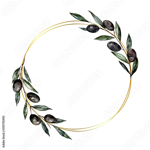 Green leaves and black olive branches golden round frame isolated on white background. Hand drawn watercolor vector illustration.