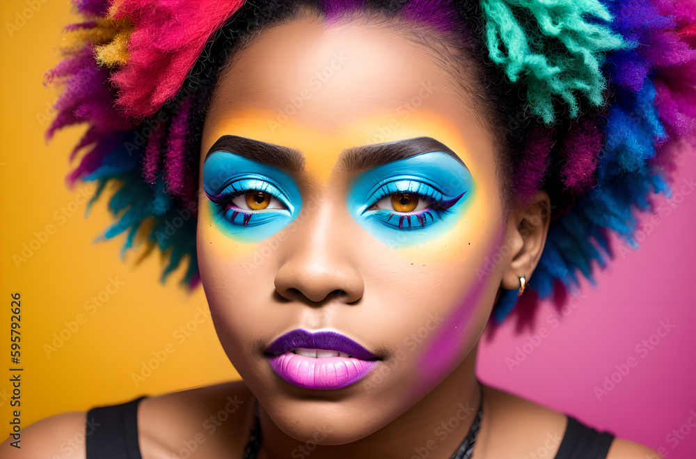 Portrait of a punk african american girl with bright make up and colorful hair. Generative AI.