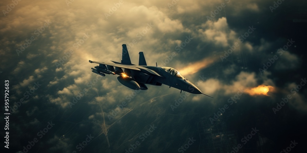Military fighter jet crosses over a target bombing location during a special operation. View of a fighter jet above the clouds. Generative AI - obrazy, fototapety, plakaty 