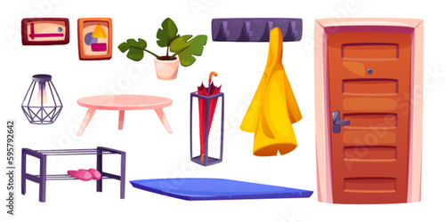 House entrance door and isolated hallway furniture set on white background. Indoor hanger with yellow coat, shelf for slippers and blue carpet for hall. Modern foyer with lamp and plant collection