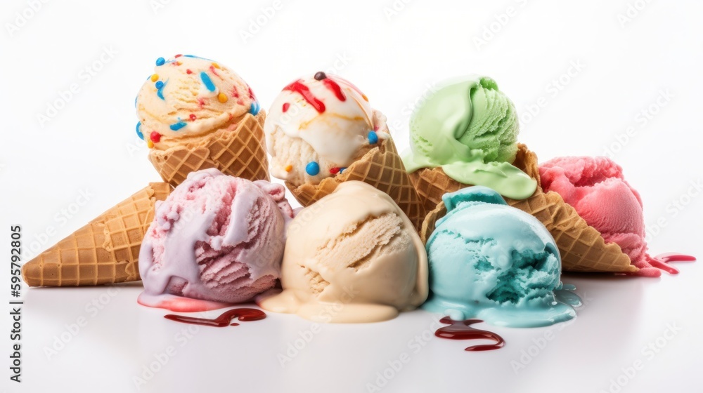 Set of ice cream scoops of different colors and flavours on white background. Generative AI.