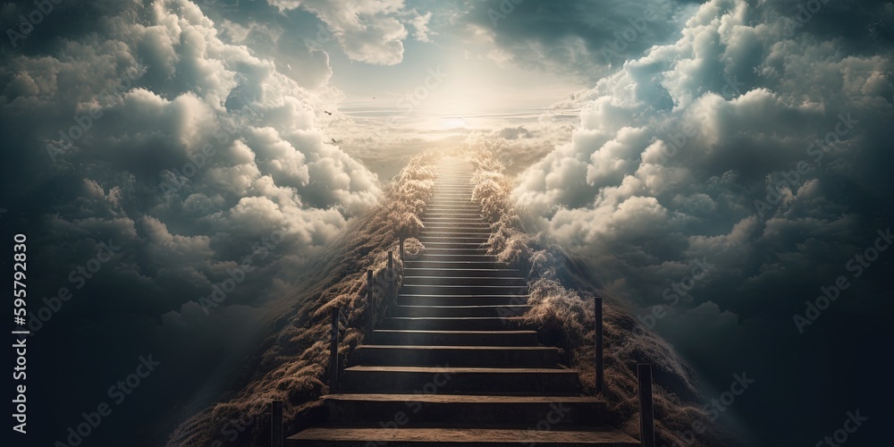 Stairway to heaven. Way to heaven. Religious background. Way to success. Glowing staircase leading to the heavens. Generative AI